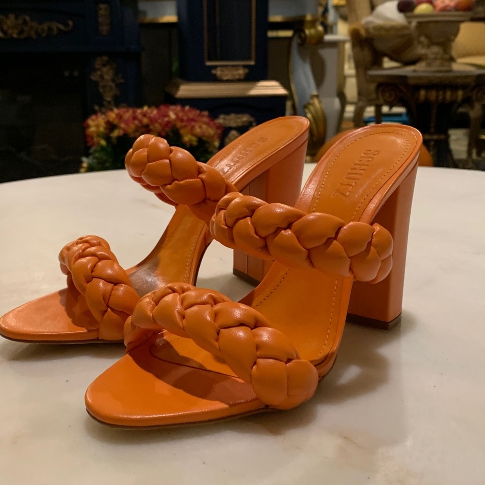 SCHUTZ Orange Leather Heeled Sandals Size 7 B